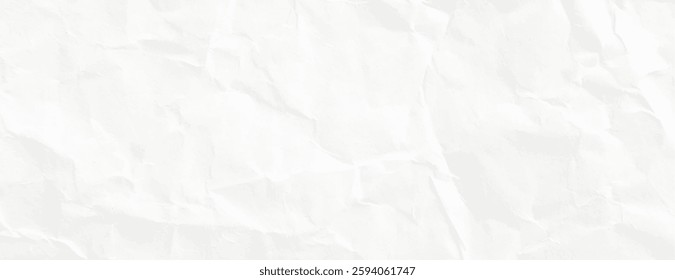 White crumpled paper background, textured and wrinkled. The background is entirely white, giving a soft, tactile appearance. Paper texture background vector. White background.