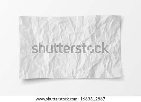 White crumpled paper sheet background. Wrinkled paper texture clean. Unfolded rumpled paper item. Realistic vector illustration