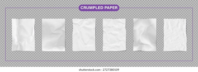 Cobertura de textura de fundo de efeito de rugas de folha de papel amassado branco. Vetor clipart bundle kit para design de pôster, memo escrever documento bundle. Sobreposição de efeito de ondulação definida em como png transparente bg