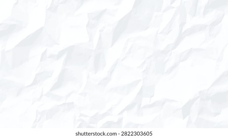 White crumpled paper texture background, close up view of creased sheet with soft shadows and folds