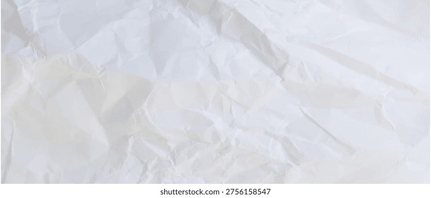 White crumpled paper texture close up. Horizontal minimalist background in realistic style for artistic projects, marketing, and craft designs. Accurate wrinkled surface.