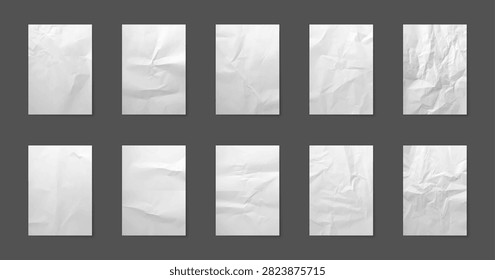 White crumpled paper texture collection. Wrinkled paper with realistic folds and creases. Vector illustration.