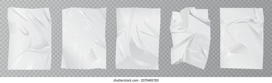 White crumpled polyethylene film set vector illustration. 3d realistic drapery of luxury plastic, paper or fabric silk with shiny silky surface, polyethylene mockup on transparent background