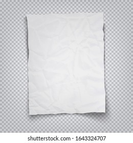 White crumpled sheet of paper on a transparent background. Vector illustration of a realistic A4 sheet with shadow