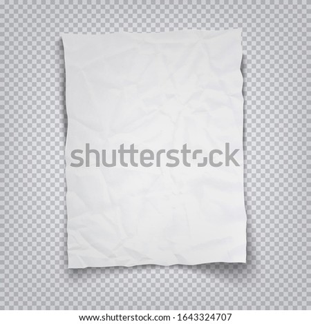 White crumpled sheet of paper on a transparent background. Vector illustration of a realistic A4 sheet with shadow
