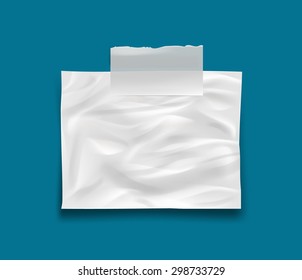 White crumpled stick note isolated on blue background, vector. Easy to edit