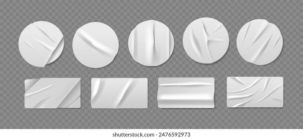 White Crumpled Stickers In Various Shapes Including Circles And Rectangles Isolated On Transparent Background