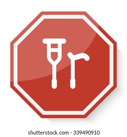 White Crutch Cane icon on red stop sign web app