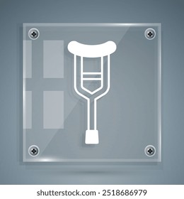 White Crutch or crutches icon isolated on grey background. Equipment for rehabilitation of people with diseases of musculoskeletal system. Square glass panels. Vector