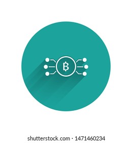 White Cryptocurrency bitcoin in circle with microchip circuit icon isolated with long shadow. Blockchain technology, digital money market. Green circle button. Vector Illustration