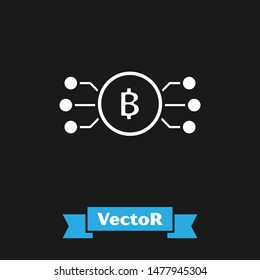 White Cryptocurrency bitcoin in circle with microchip circuit icon isolated on black background. Blockchain technology, digital money market.  Vector Illustration