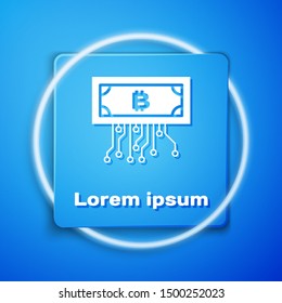 White Cryptocurrency bitcoin in circle with microchip circuit icon isolated on blue background. Blockchain technology, digital money market. Blue square button. Vector Illustration