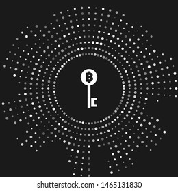 White Cryptocurrency Bitcoin key icon isolated on grey background. Concept of cyber security or digital key with technology interface. Abstract circle random dots. Vector Illustration