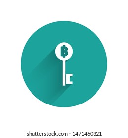 White Cryptocurrency Bitcoin key icon isolated with long shadow. Concept of cyber security or digital key with technology interface. Green circle button. Vector Illustration