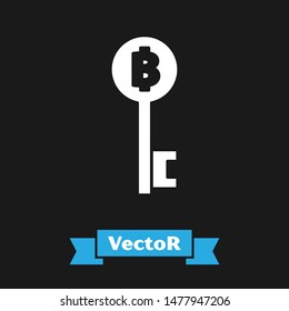 White Cryptocurrency Bitcoin key icon isolated on black background. Concept of cyber security or digital key with technology interface.  Vector Illustration