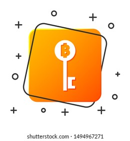 White Cryptocurrency Bitcoin key icon isolated on white background. Concept of cyber security or digital key with technology interface. Orange square button. Vector Illustration