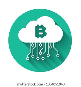 White Cryptocurrency cloud mining icon isolated with long shadow. Blockchain technology, bitcoin, digital money market, cryptocoin wallet. Green circle button. Vector Illustration