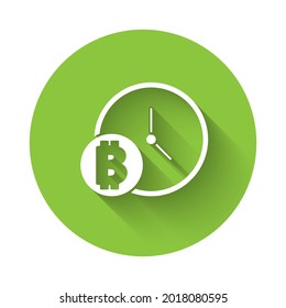 White Cryptocurrency coin Bitcoin with clock icon isolated with long shadow. Physical bit coin. Blockchain based secure crypto currency. Green circle button. Vector