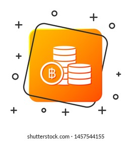 White Cryptocurrency coin Bitcoin icon isolated on white background. Blockchain technology, bitcoin, digital money market, cryptocoin wallet. Orange square button. Vector Illustration