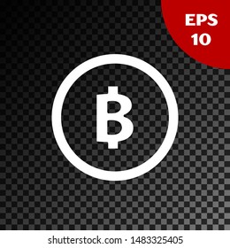 White Cryptocurrency coin Bitcoin icon isolated on transparent dark background. Physical bit coin. Blockchain based secure crypto currency.  Vector Illustration