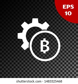 White Cryptocurrency coin Bitcoin icon isolated on transparent dark background. Gear and Bitcoin setting. Blockchain based secure crypto currency.  Vector Illustration