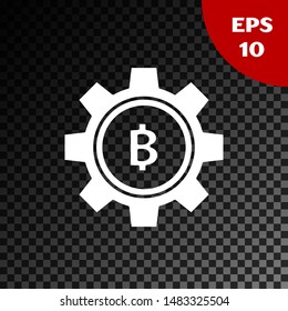 White Cryptocurrency coin Bitcoin icon isolated on transparent dark background. Gear and Bitcoin setting. Blockchain based secure crypto currency.  Vector Illustration