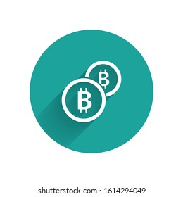 White Cryptocurrency coin Bitcoin icon isolated with long shadow. Physical bit coin. Blockchain based secure crypto currency. Green circle button. Vector Illustration