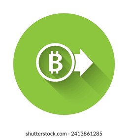 White Cryptocurrency coin Bitcoin icon isolated with long shadow. Physical bit coin. Blockchain based secure crypto currency. Green circle button. Vector