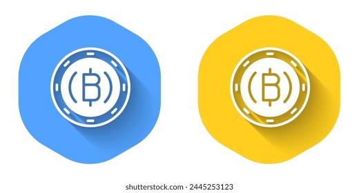 White Cryptocurrency coin Bitcoin icon isolated with long shadow background. Physical bit coin. Blockchain based secure crypto currency. Circle button. Vector