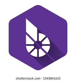 White Cryptocurrency coin Bitshares BTS icon with long shadow. Physical bit coin. Digital currency. Altcoin symbol. Blockchain based secure crypto currency. Purple hexagon button. Vector Illustration