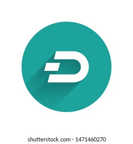 White Cryptocurrency coin Dash icon isolated with long shadow. Digital currency. Altcoin symbol. Blockchain based secure crypto currency. Green circle button. Vector Illustration