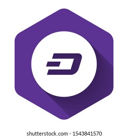 White Cryptocurrency coin Dash icon with long shadow. Physical bit coin. Digital currency. Altcoin symbol. Blockchain based secure crypto currency. Purple hexagon button. Vector Illustration