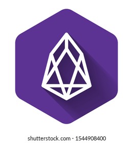 White Cryptocurrency coin EOS icon isolated with long shadow. Physical bit coin. Digital currency. Altcoin symbol. Blockchain based secure crypto currency. Purple hexagon button. Vector Illustration