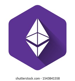 White Cryptocurrency coin Ethereum ETH icon with long shadow. Physical bit coin. Digital currency. Altcoin symbol. Blockchain based secure crypto currency. Purple hexagon button. Vector Illustration