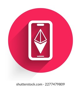 White Cryptocurrency coin Ethereum ETH icon isolated with long shadow background. Altcoin symbol. Blockchain based secure crypto currency. Red circle button. Vector