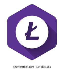 White Cryptocurrency coin Litecoin LTC icon with long shadow. Physical bit coin. Digital currency. Altcoin symbol. Blockchain based secure crypto currency. Purple hexagon button. Vector Illustration
