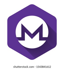 White Cryptocurrency coin Monero XMR icon with long shadow. Physical bit coin. Digital currency. Altcoin symbol. Blockchain based secure crypto currency. Purple hexagon button. Vector Illustration