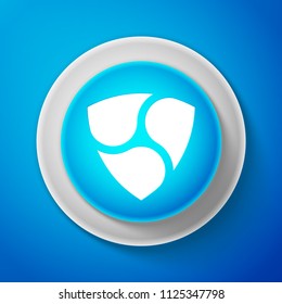 White Cryptocurrency coin NEM XEM icon isolated on blue background. Digital currency. Altcoin symbol. Blockchain based secure crypto currency. Circle blue button with white line. Vector Illustration
