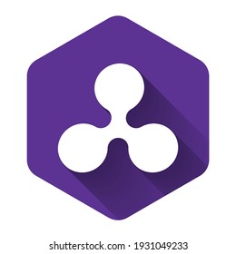 White Cryptocurrency coin Ripple XRP icon with long shadow. Physical bit coin. Digital currency. Altcoin symbol. Blockchain based secure crypto currency. Purple hexagon button. Vector Illustration