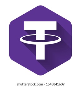 White Cryptocurrency coin Tether USDT icon with long shadow. Physical bit coin. Digital currency. Altcoin symbol. Blockchain based secure crypto currency. Purple hexagon button. Vector Illustration