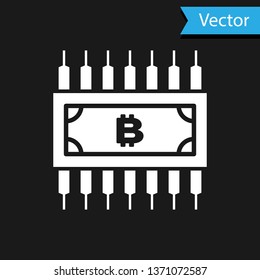 White Cryptocurrency concept bitcoin in circle with microchip circuit icon isolated on black background.  