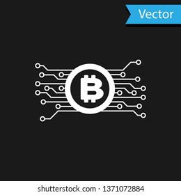 White Cryptocurrency concept bitcoin in circle with microchip circuit icon isolated on black background.  