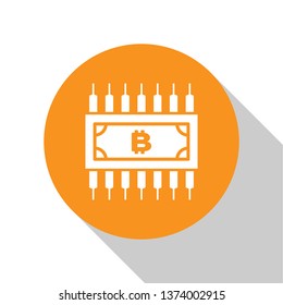 White Cryptocurrency concept bitcoin in circle with microchip circuit icon on white background. Blockchain technology, digital money market. Orange circle button. Flat design. Vector Illustration