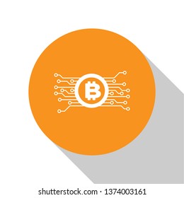 White Cryptocurrency concept bitcoin in circle with microchip circuit icon on white background. Blockchain technology, digital money market. Orange circle button. Flat design. Vector Illustration