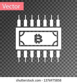 White Cryptocurrency concept bitcoin in circle with microchip circuit icon isolated on transparent background. Blockchain technology, digital money market. Vector Illustration