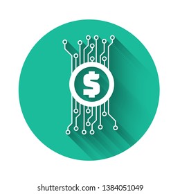 White Cryptocurrency concept bitcoin in circle with microchip circuit icon isolated with long shadow. Blockchain technology, digital money market. Green circle button. Vector Illustration