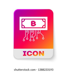 White Cryptocurrency concept bitcoin in circle with microchip circuit icon isolated on white background. Blockchain technology, digital money market. Rectangle color button. Vector Illustration