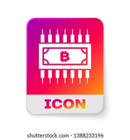 White Cryptocurrency concept bitcoin in circle with microchip circuit icon isolated on white background. Blockchain technology, digital money market. Rectangle color button. Vector Illustration