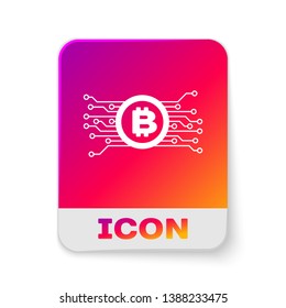 White Cryptocurrency concept bitcoin in circle with microchip circuit icon isolated on white background. Blockchain technology, digital money market. Rectangle color button. Vector Illustration