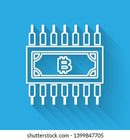 White Cryptocurrency concept bitcoin in circle with microchip circuit line icon isolated with long shadow. Blockchain technology, digital money market. Vector Illustration